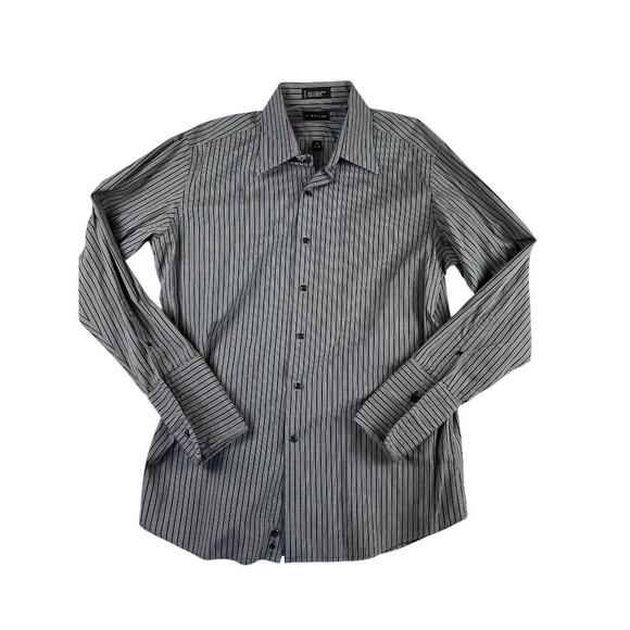 J Ferrar Dress Shirt Mens 17 34-35 Gray Black Striped Cotton Long Sleeve - Picture 1 of 8